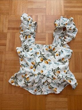 Women’s White Floral Ruffle Peplum Top - Yellow & Blue Print